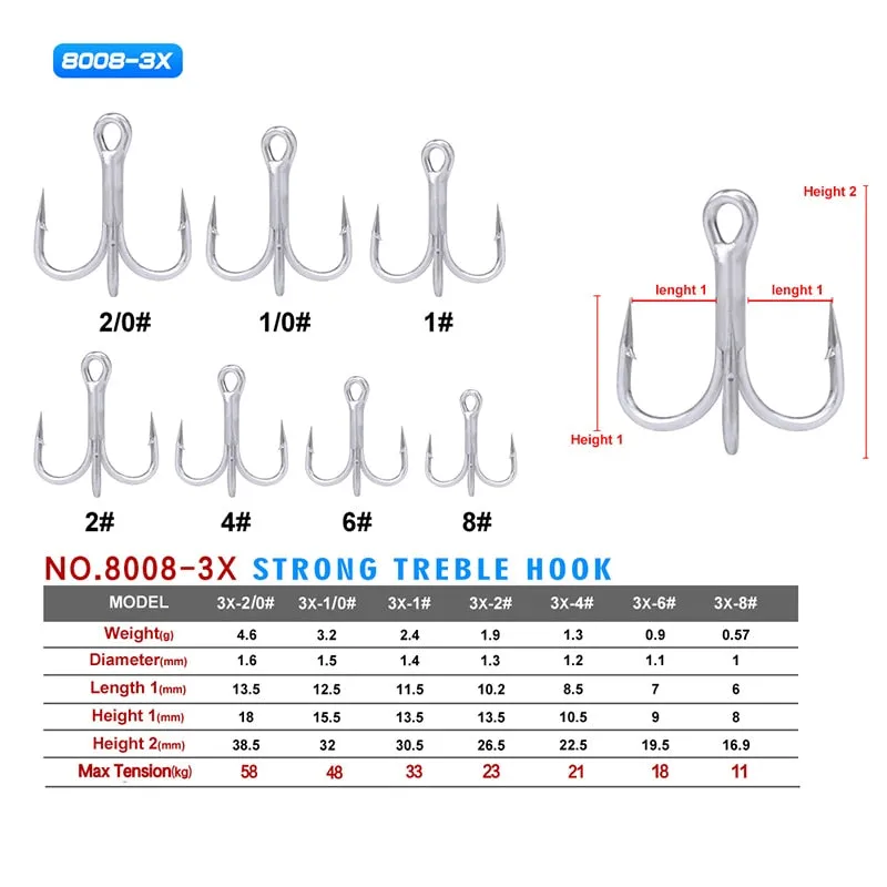 10pcs/lot Saltwater Fishing Hook Matte Tin Treble Hook 2/0#-1/0#-1#-2#-4#-6#-8# High-Carbon Steel High Strength 3X Hook