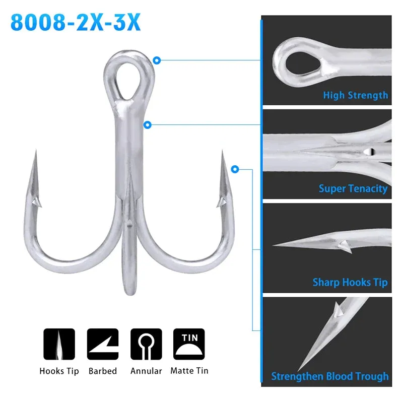 10pcs/lot Saltwater Fishing Hook Matte Tin Treble Hook 2/0#-1/0#-1#-2#-4#-6#-8# High-Carbon Steel High Strength 3X Hook