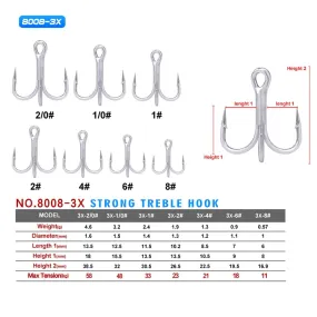10pcs/lot Saltwater Fishing Hook Matte Tin Treble Hook 2/0#-1/0#-1#-2#-4#-6#-8# High-Carbon Steel High Strength 3X Hook