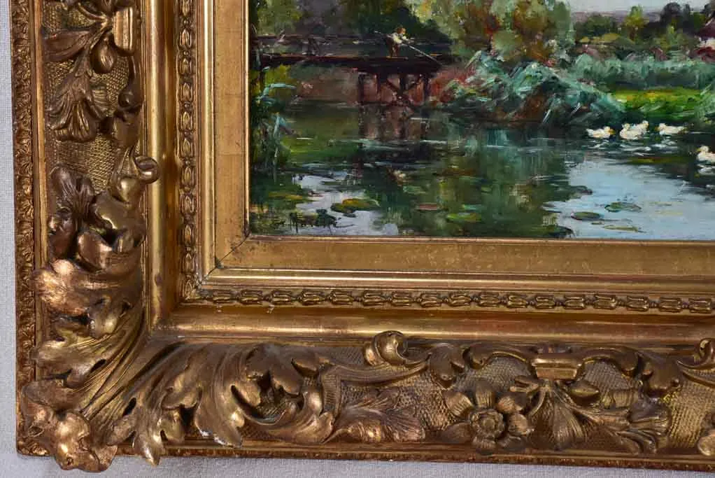 Antique French landscape scene - fishing from a bridge with white ducks 18½" x 22"