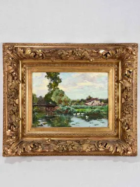 Antique French landscape scene - fishing from a bridge with white ducks 18½" x 22"