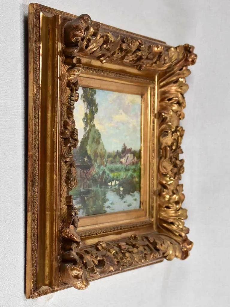 Antique French landscape scene - fishing from a bridge with white ducks 18½" x 22"