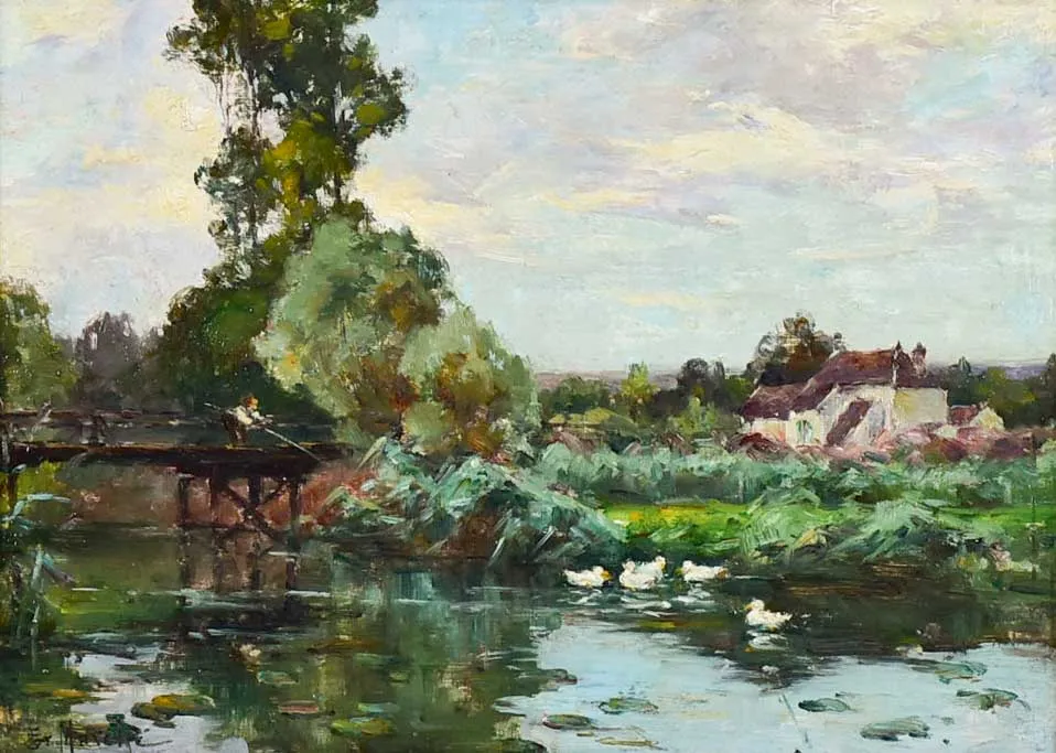 Antique French landscape scene - fishing from a bridge with white ducks 18½" x 22"