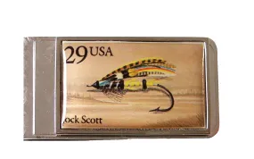 AUTHENTIC 1991 JOCK SCOTT FISHING  FLY POSTAGE STAMP MONEY CLIP