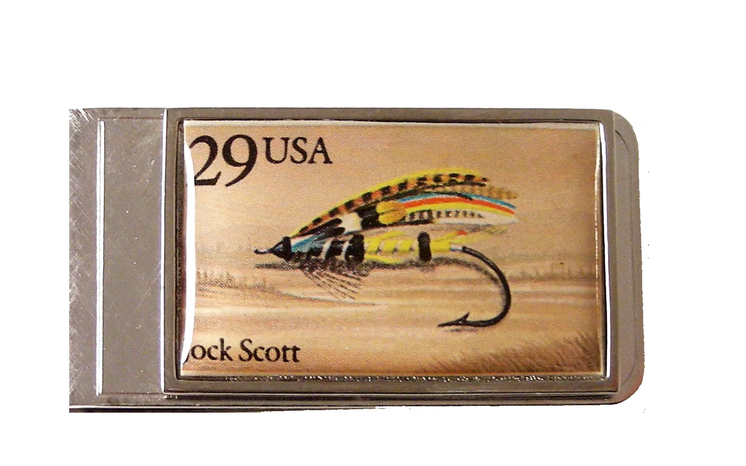 AUTHENTIC 1991 JOCK SCOTT FISHING  FLY POSTAGE STAMP MONEY CLIP