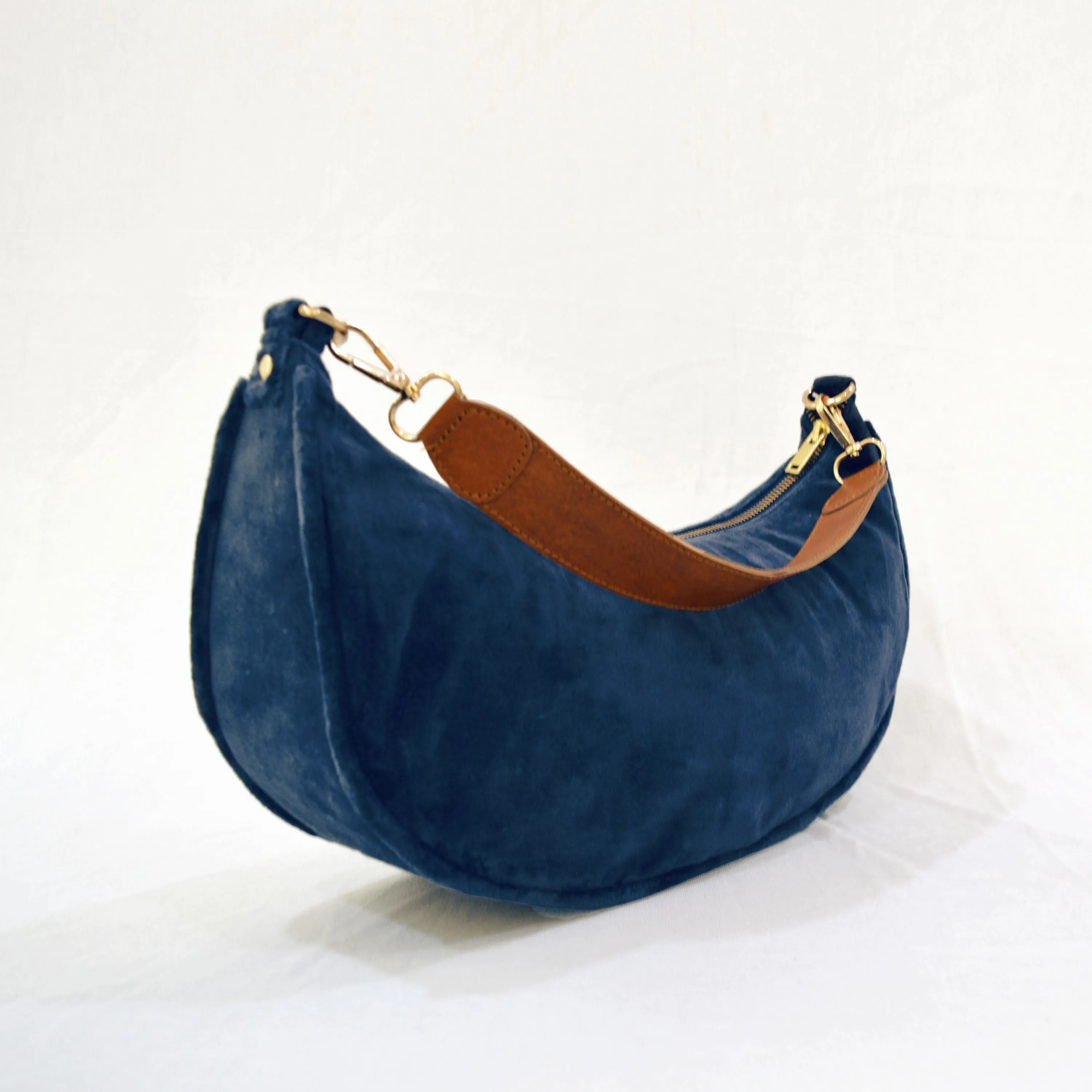 BLUE VELVET half moon crescent purse, reversible, detachable embroidered leather handles, 13(w)X6.5(ht) inches