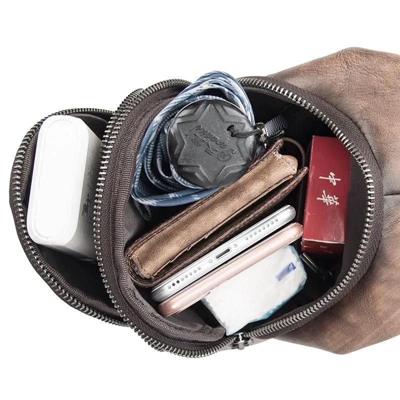 Brown Cool LEATHER MENS Sling Bag 8 inches Small Gray One Shoulder Backpack Chest Bag For Men