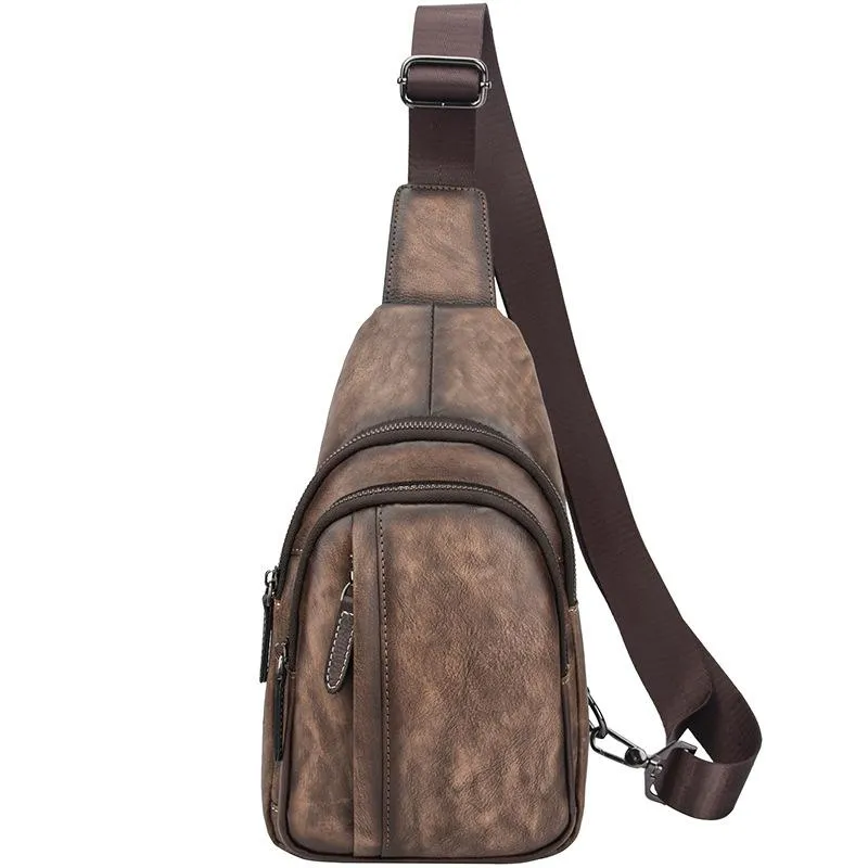 Brown Cool LEATHER MENS Sling Bag 8 inches Small Gray One Shoulder Backpack Chest Bag For Men