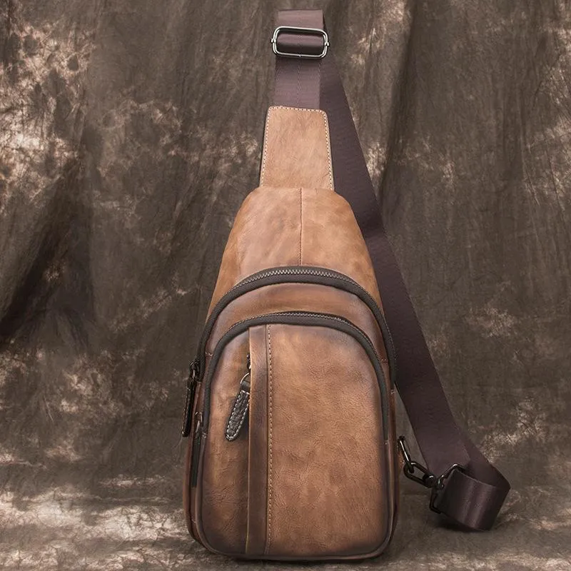 Brown Cool LEATHER MENS Sling Bag 8 inches Small Gray One Shoulder Backpack Chest Bag For Men