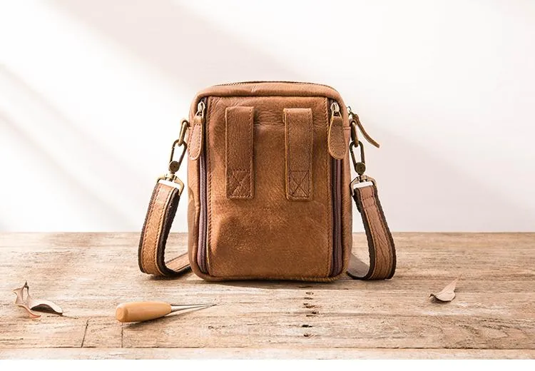 Brown Mens Leather Small Belt Pouch Mens Waist Bag Side Bag Mini Messenger Bag Phone Bag for Men