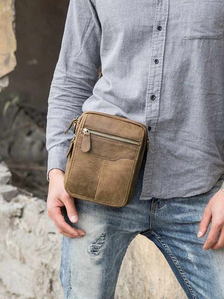 Brown Mens Leather Small Belt Pouch Mens Waist Bag Side Bag Mini Messenger Bag Phone Bag for Men