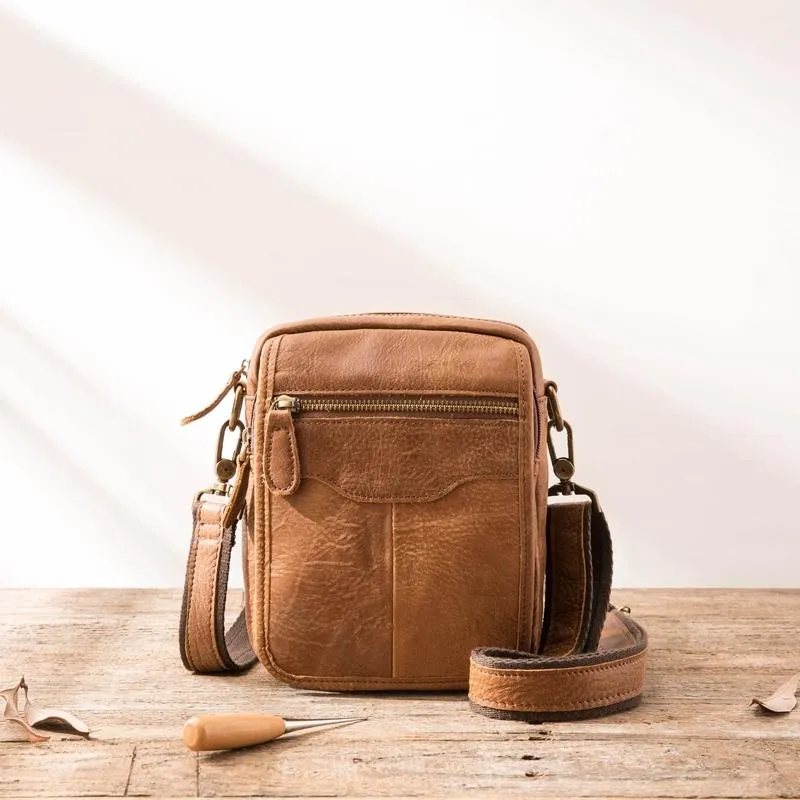 Brown Mens Leather Small Belt Pouch Mens Waist Bag Side Bag Mini Messenger Bag Phone Bag for Men