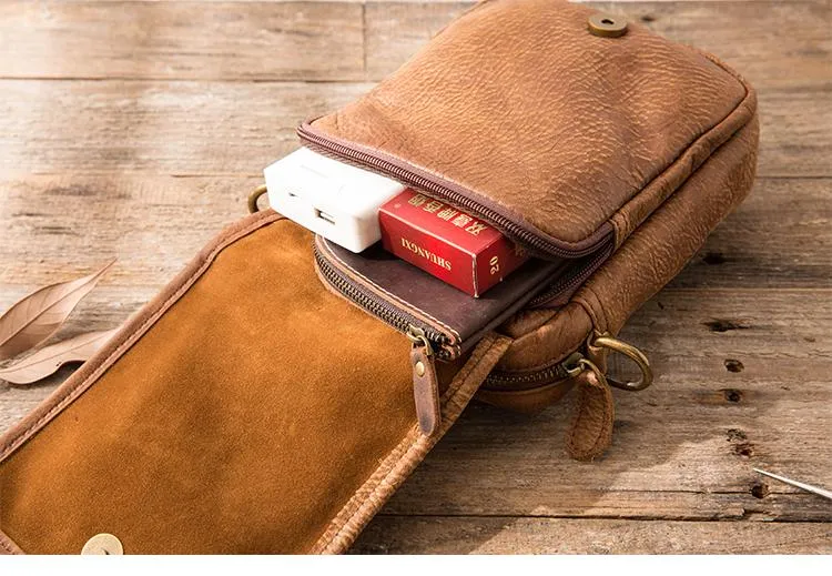 Brown Mens Leather Small Belt Pouch Mens Waist Bag Side Bag Mini Messenger Bag Phone Bag for Men