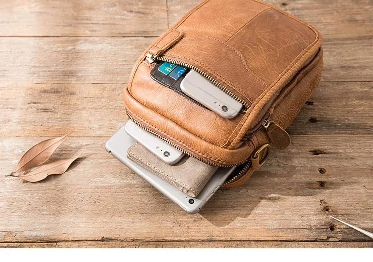 Brown Mens Leather Small Belt Pouch Mens Waist Bag Side Bag Mini Messenger Bag Phone Bag for Men