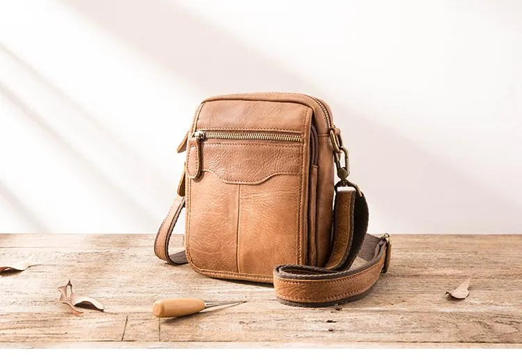 Brown Mens Leather Small Belt Pouch Mens Waist Bag Side Bag Mini Messenger Bag Phone Bag for Men