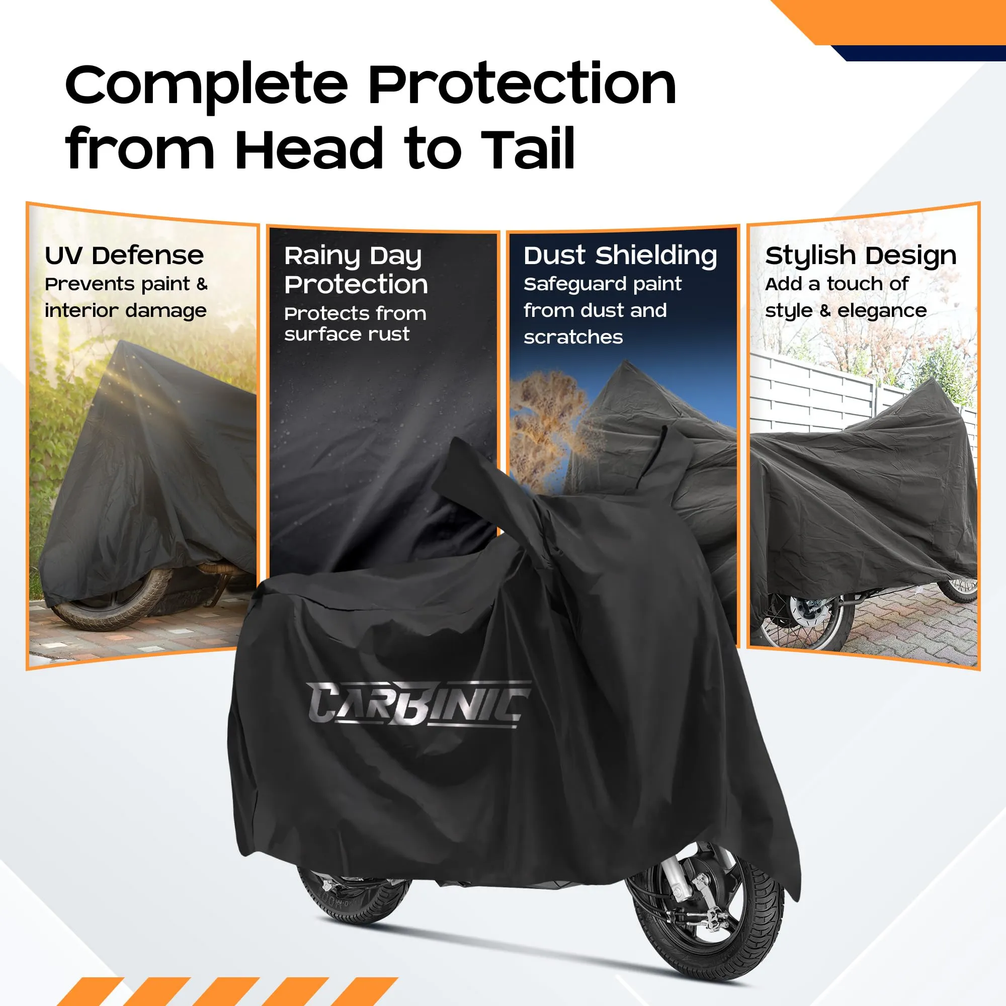 CARBINIC Water Resistant Bike Cover | Enfield Classic Kawaski Ninja KTM Suzuki Benelli | Bullet Two Wheeler Bike Cover | Dustproof Bike Accessories | UV Proof Scratchproof & Mirror Pocket | Black
