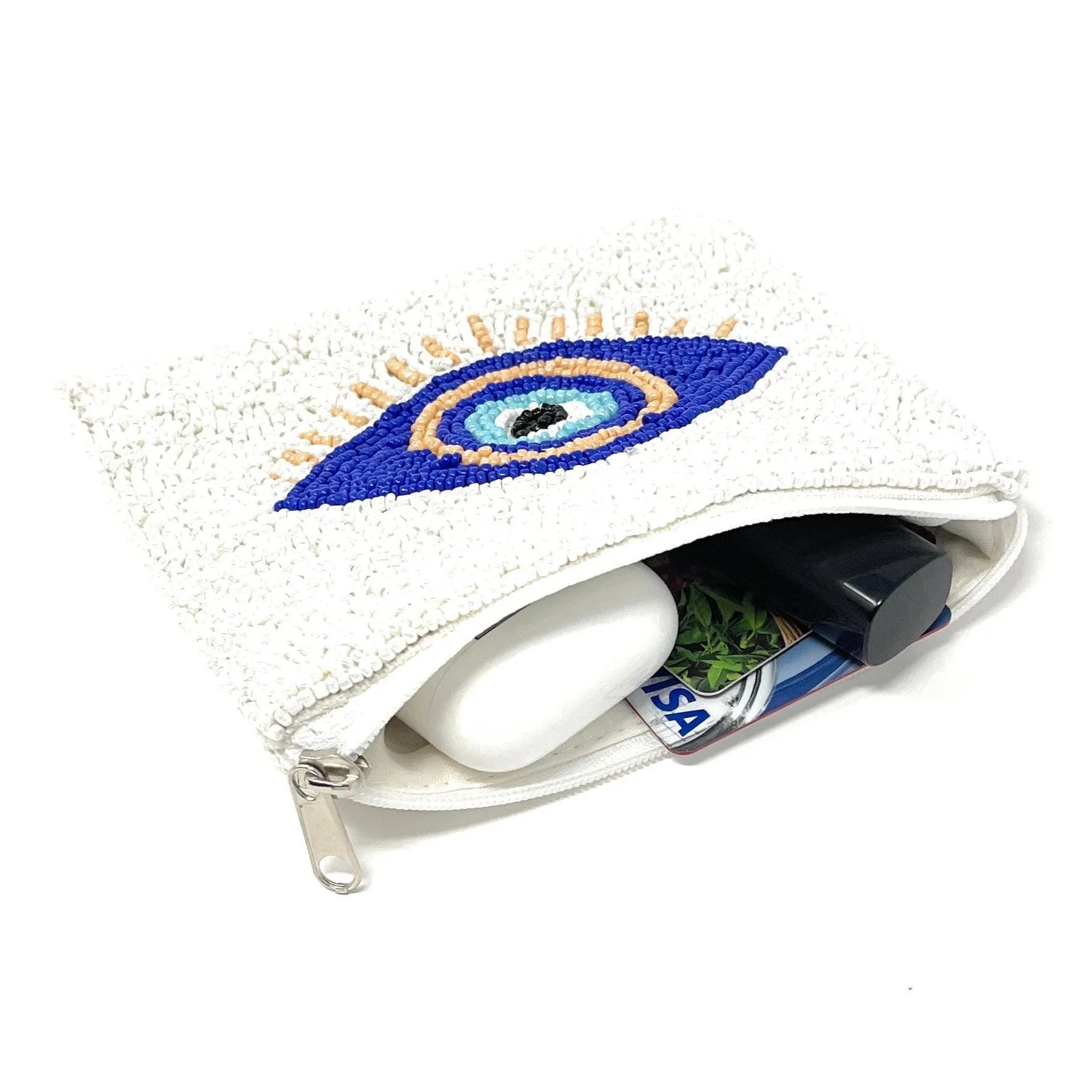 Evil Eye Beaded Coin Purse (White)