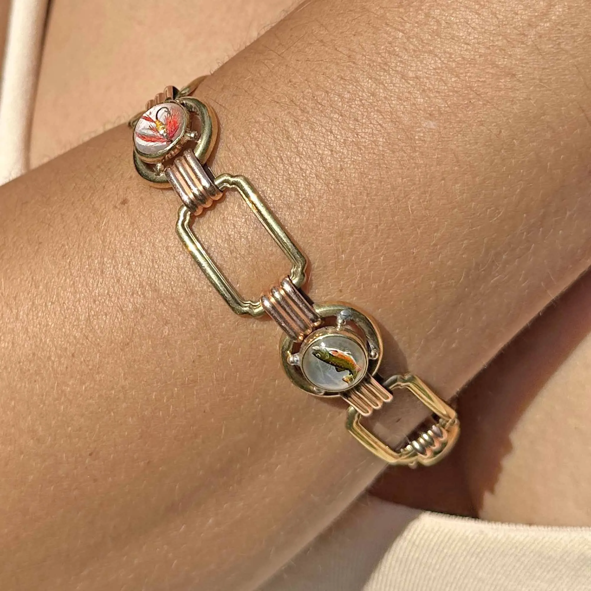Fine Art Deco 14K Gold Essex Crystal Bracelet, Trout Fishing Lures