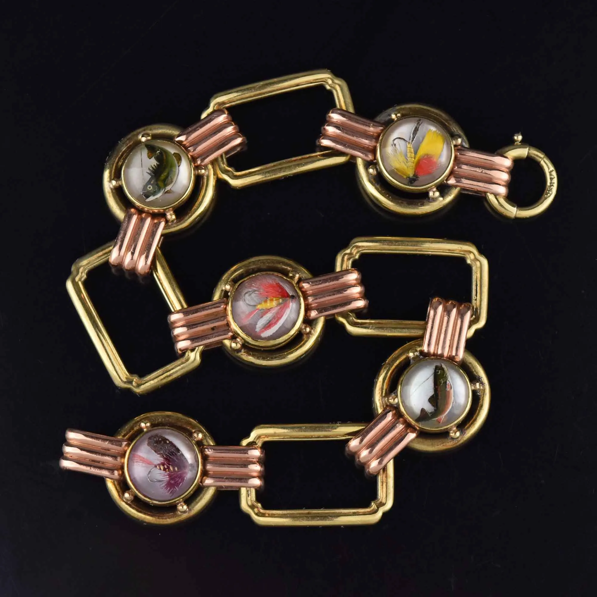 Fine Art Deco 14K Gold Essex Crystal Bracelet, Trout Fishing Lures