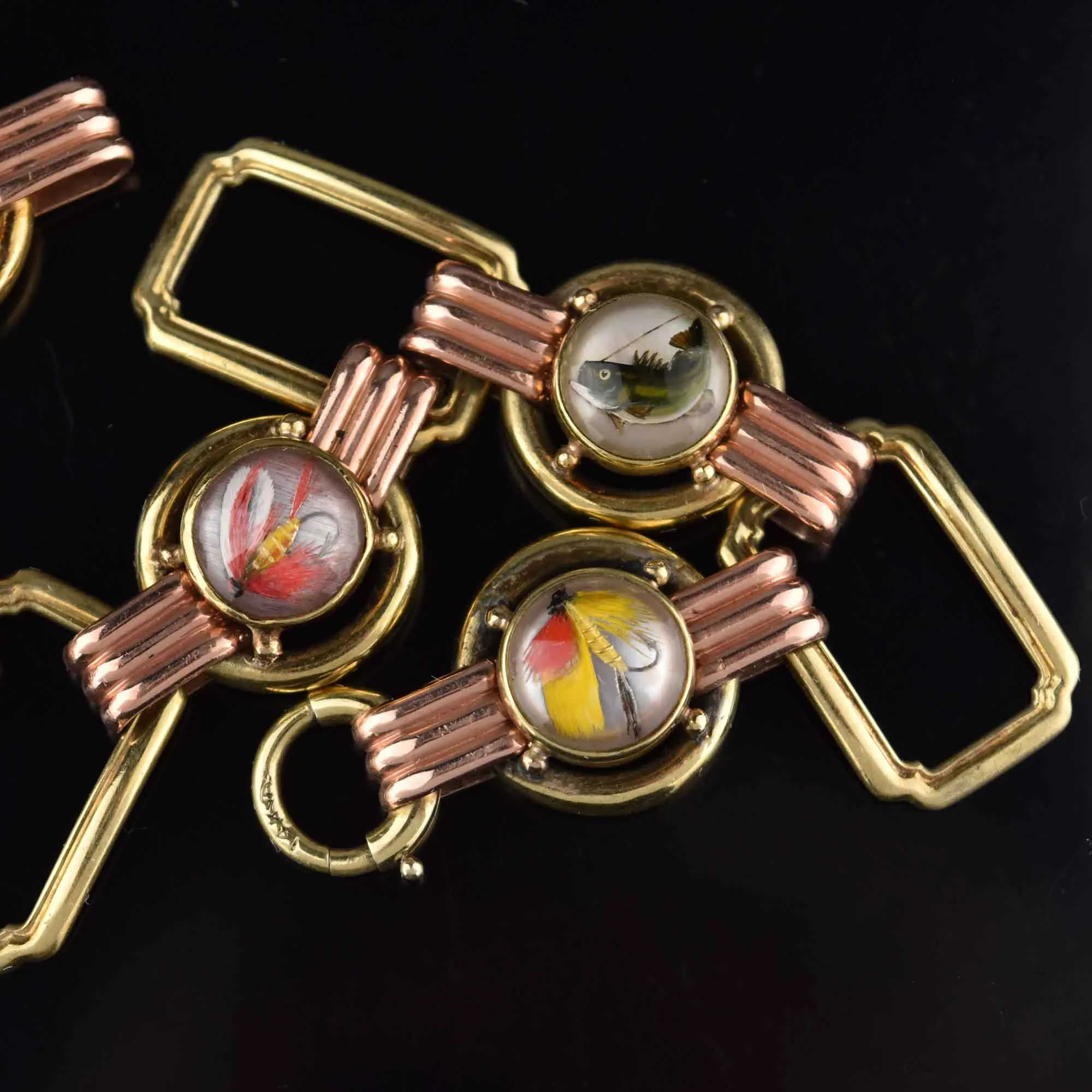 Fine Art Deco 14K Gold Essex Crystal Bracelet, Trout Fishing Lures