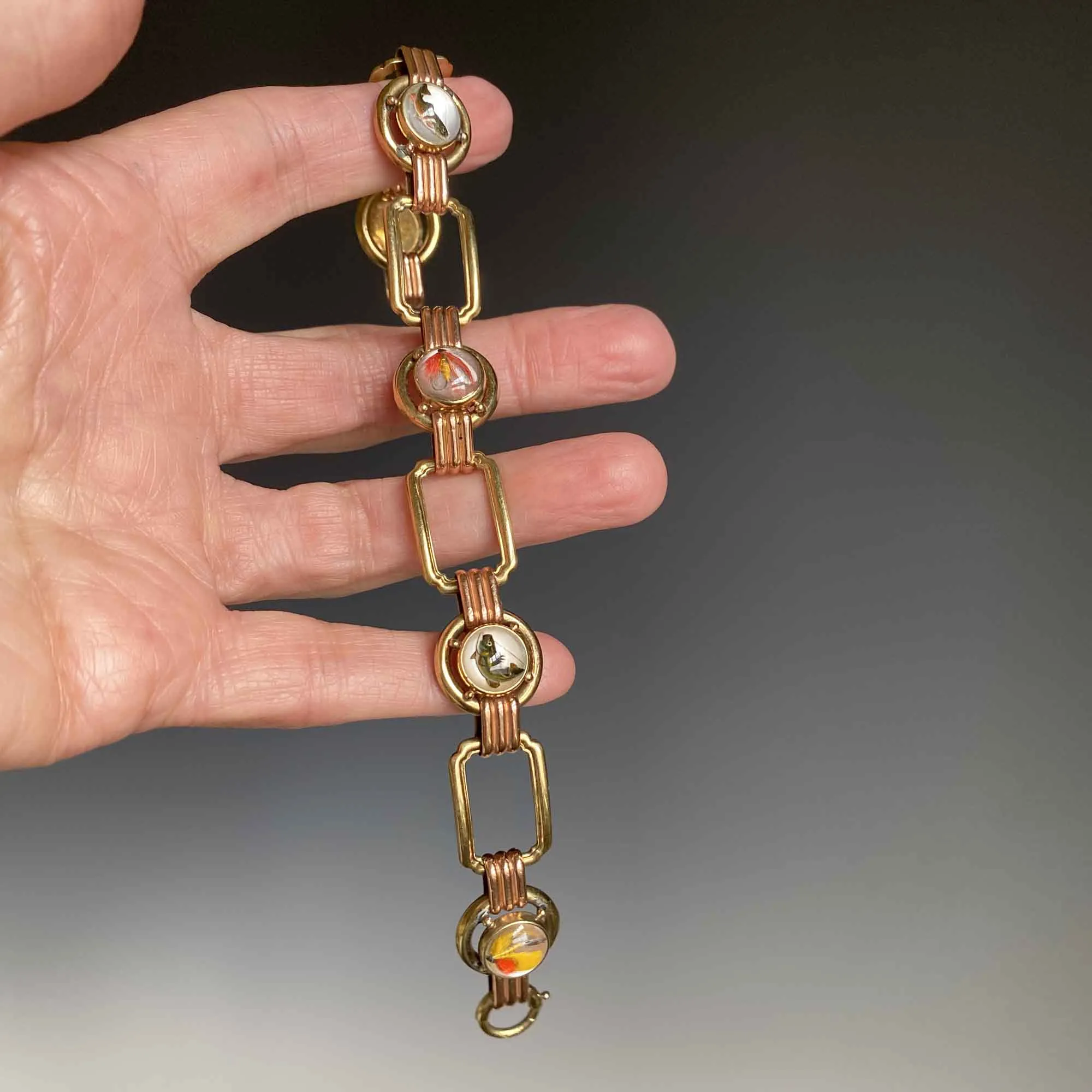 Fine Art Deco 14K Gold Essex Crystal Bracelet, Trout Fishing Lures