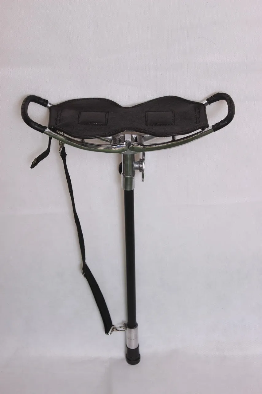 Folding Black Leather Shooting Stool with Rubber Ferrule Seat Stick