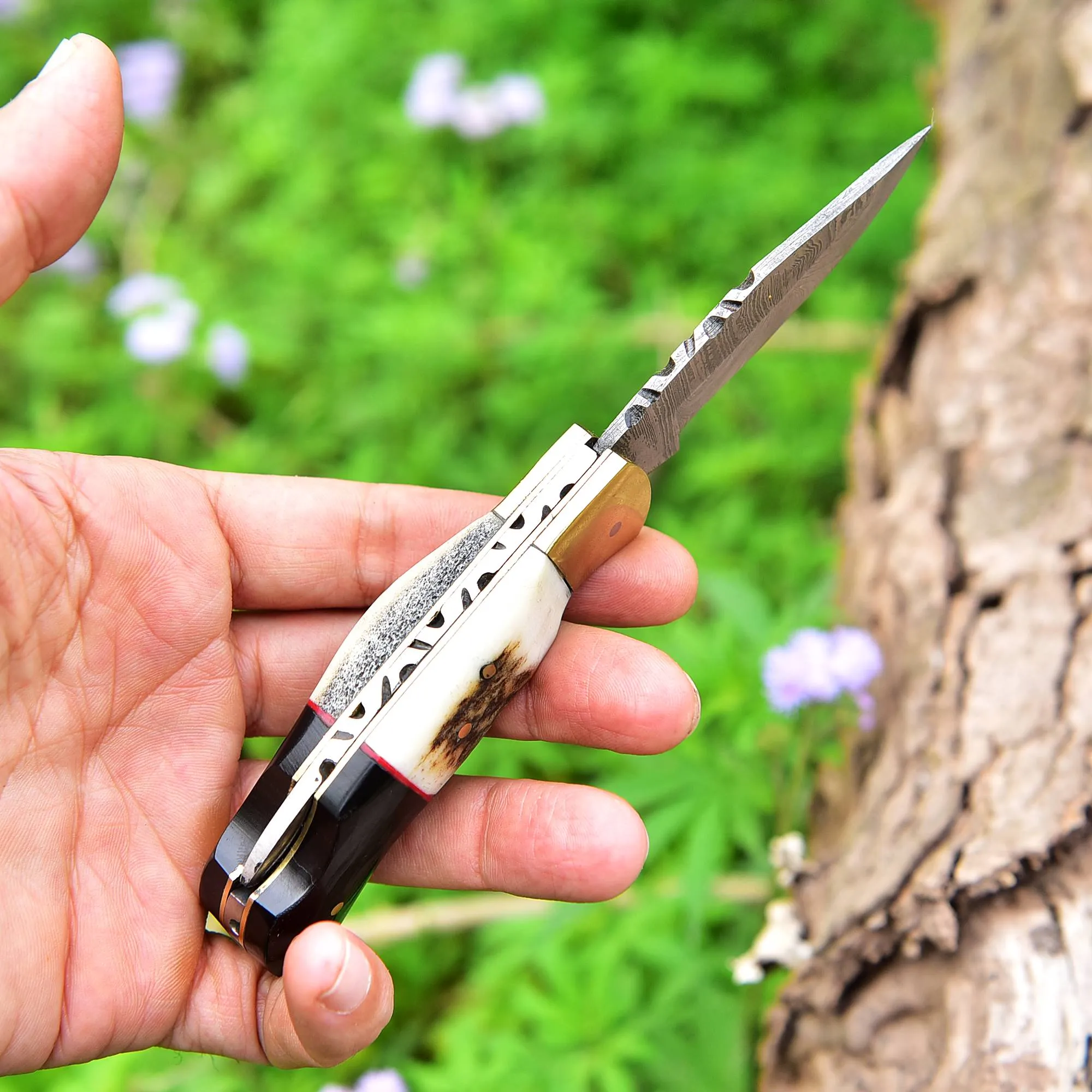 Handmade Damascus Steel Hunting Pocket Folding Knife with BackLock - Camping Folding Blade With Stag & Wood Handle