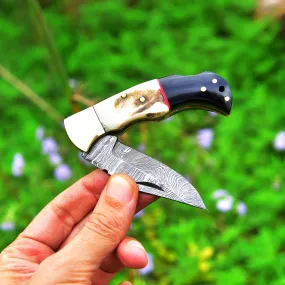Handmade Damascus Steel Hunting Pocket Folding Knife with BackLock - Camping Folding Blade With Stag & Wood Handle