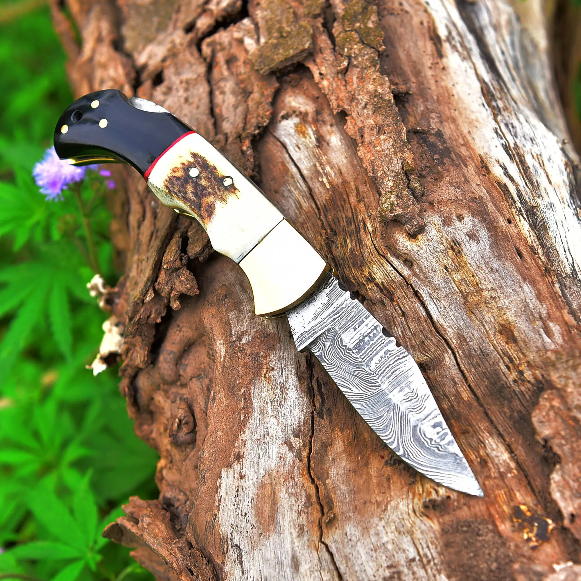 Handmade Damascus Steel Hunting Pocket Folding Knife with BackLock - Camping Folding Blade With Stag & Wood Handle