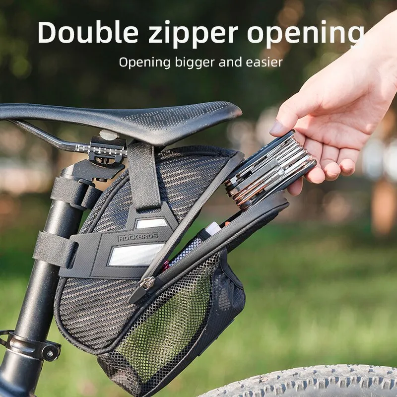 Saddle Bag Double Zipper Reflective Large Capacity Water Tail Bag Bottle Pocket Bicycle Bag