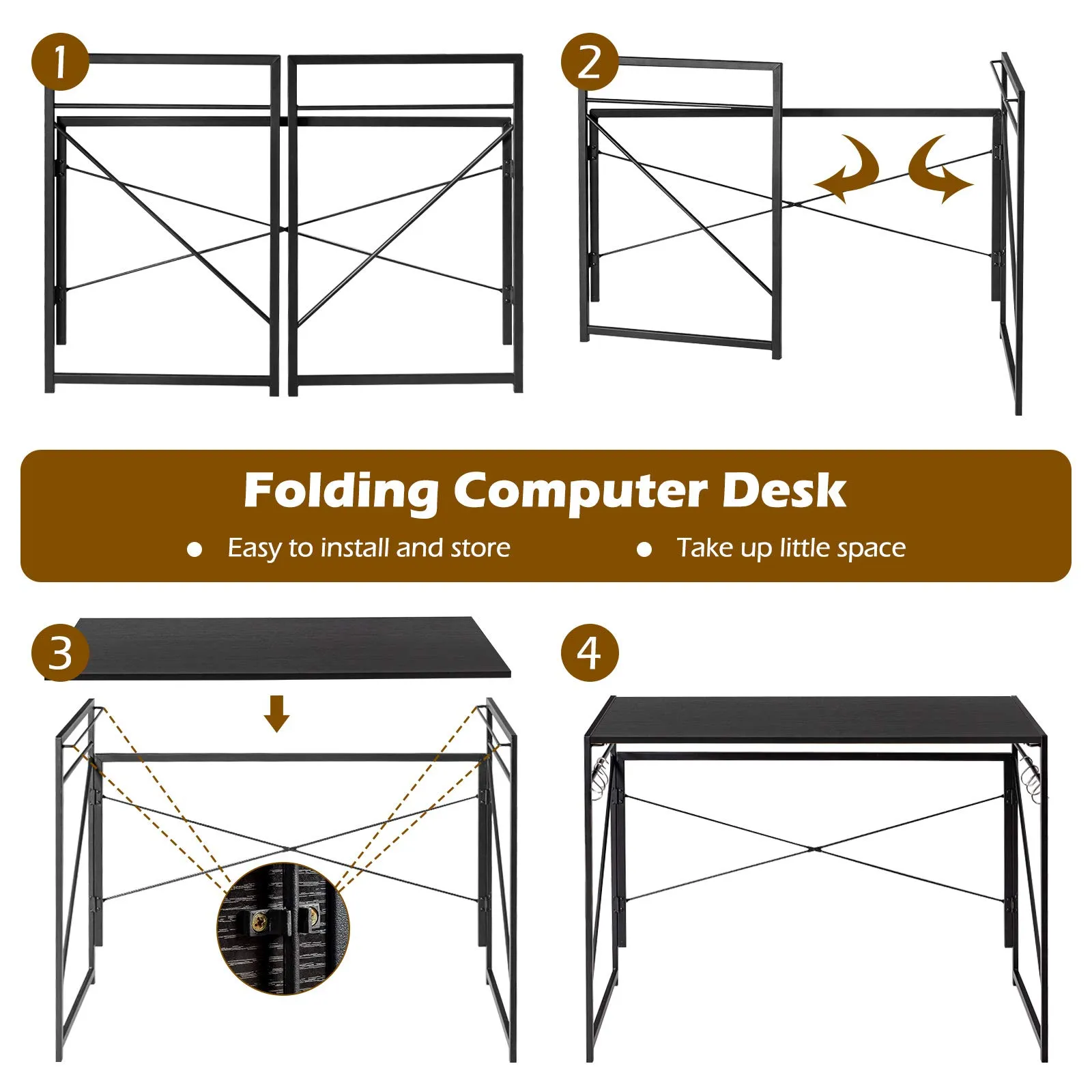 Tangkula Folding Computer Desk, Study Writing Desk with 6 Hooks