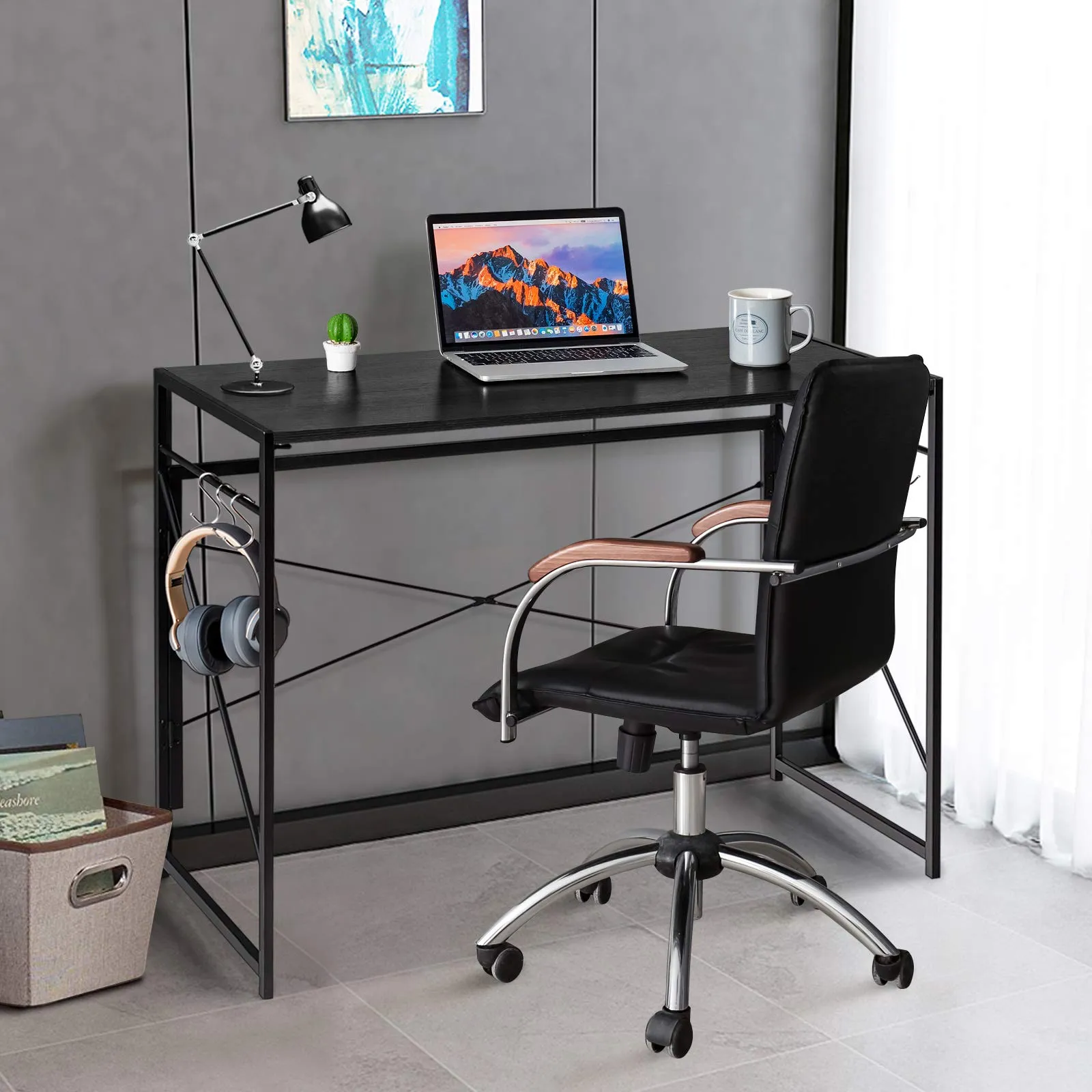 Tangkula Folding Computer Desk, Study Writing Desk with 6 Hooks