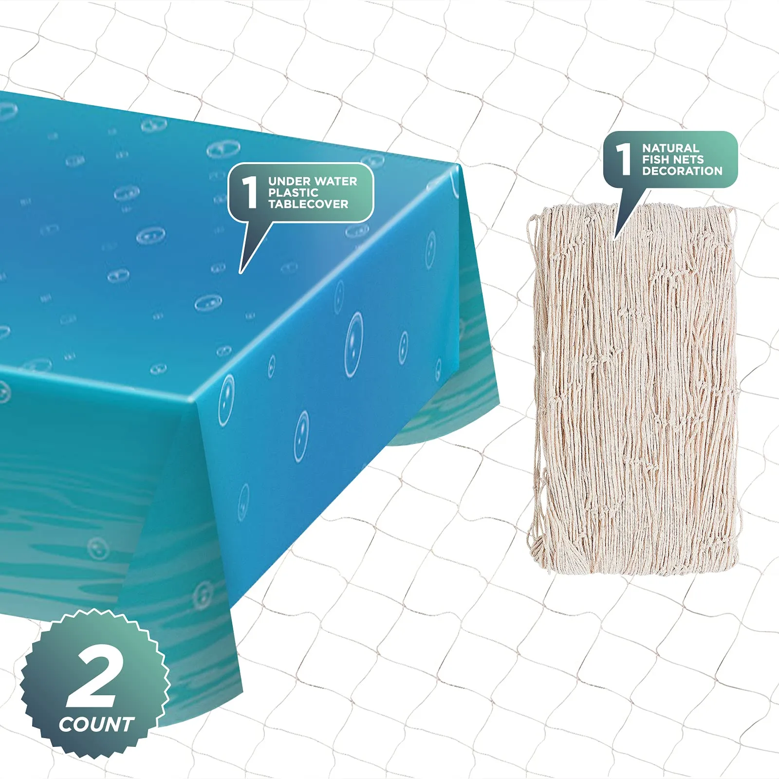 Under Water Bubbles Plastic Table Cover and Fishing Net Decoration for Beach and Pool Parties, Mermaid, Narwhal, and Ocean Themed Parties