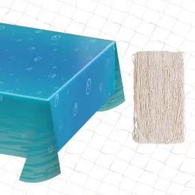 Under Water Bubbles Plastic Table Cover and Fishing Net Decoration for Beach and Pool Parties, Mermaid, Narwhal, and Ocean Themed Parties