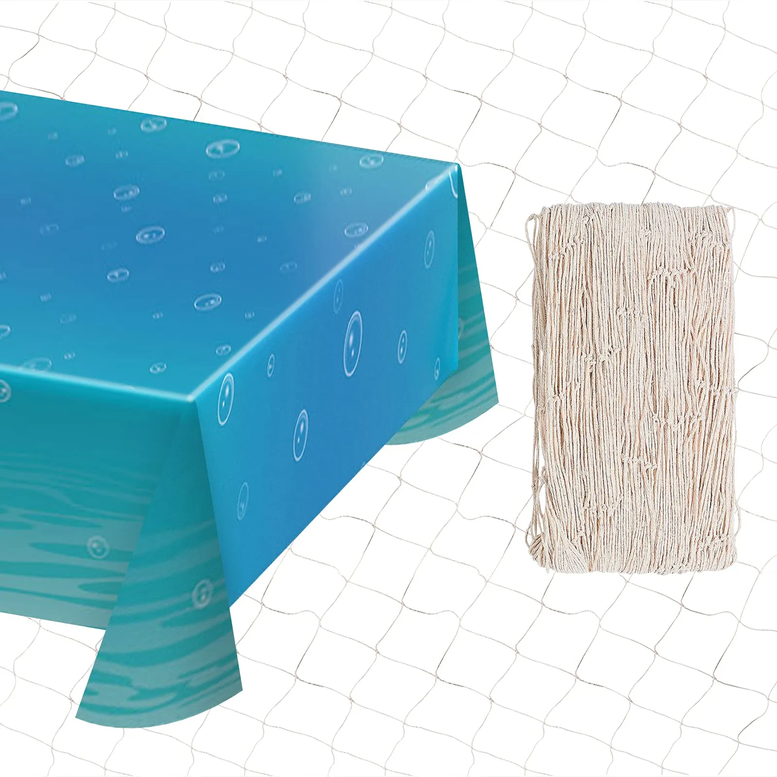 Under Water Bubbles Plastic Table Cover and Fishing Net Decoration for Beach and Pool Parties, Mermaid, Narwhal, and Ocean Themed Parties