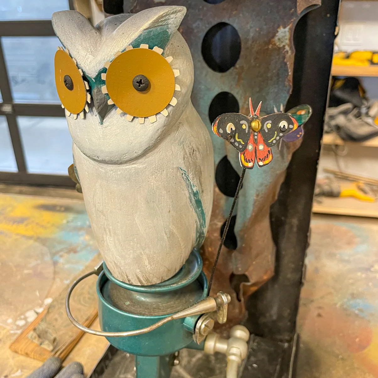 WHIRLIGIG (OWL) original mixed media wall sculpture